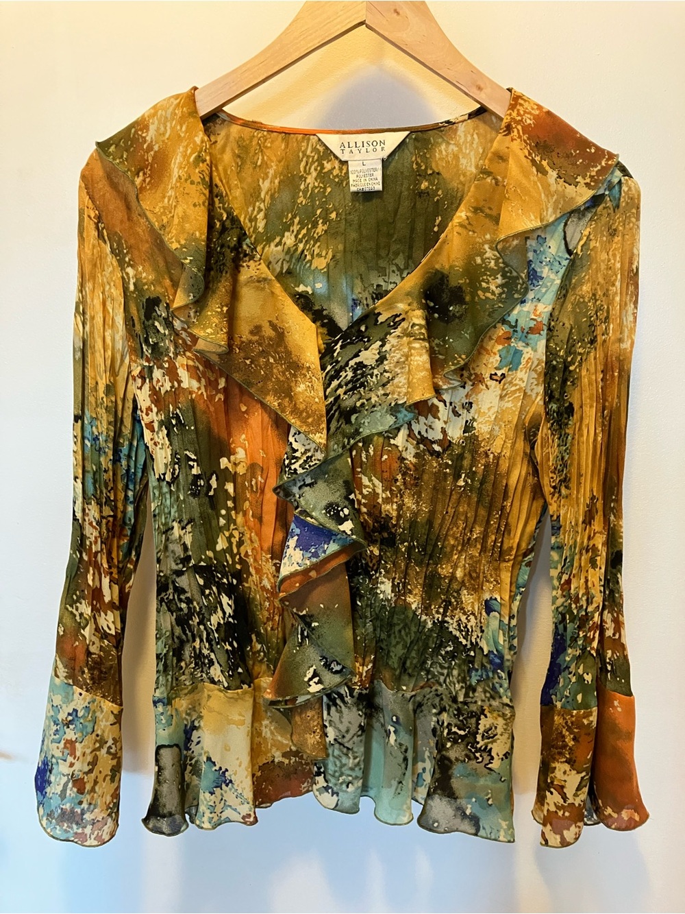 Allison Taylor Multicolor Ruffle Front Blouse — Mustard, Green & Blue